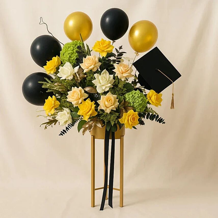 Graduation Flower Stand With Balloons And Hat
