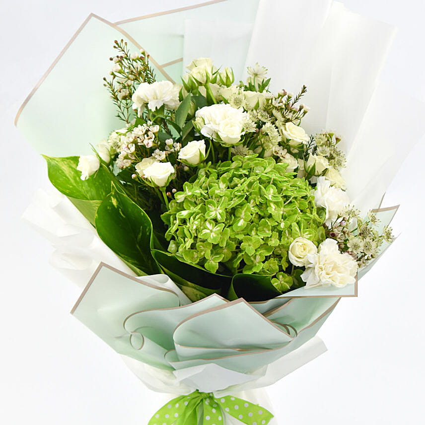 Green Hydrengea Bouquet with White Roses