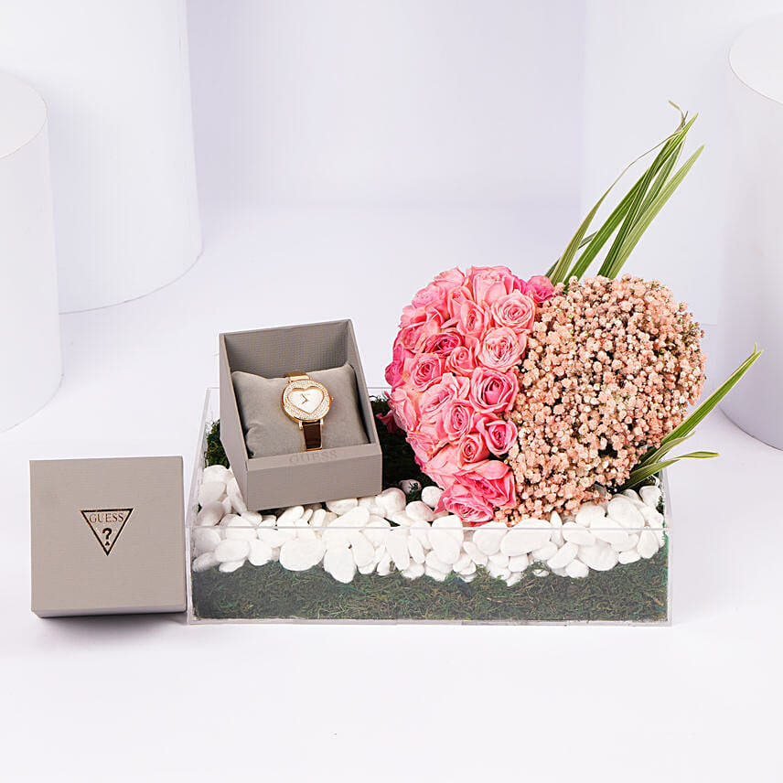 Guess Womens Watch With Pink Rose Heart Arrangement