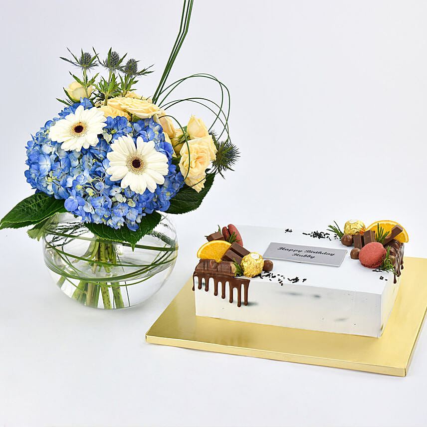 Happy Birthday Hubby Chocolate Cake and Flowers