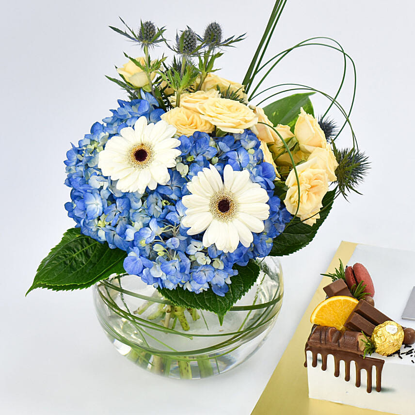 Happy Birthday Hubby Chocolate Cake and Flowers