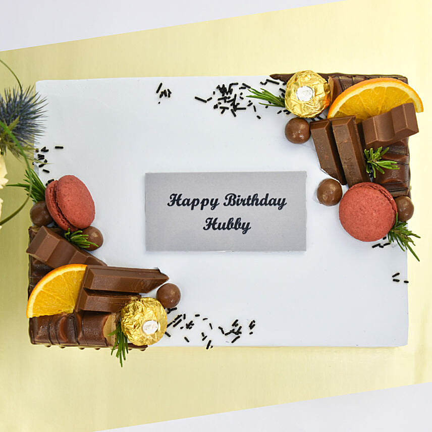 Happy Birthday Hubby Chocolate Cake and Flowers