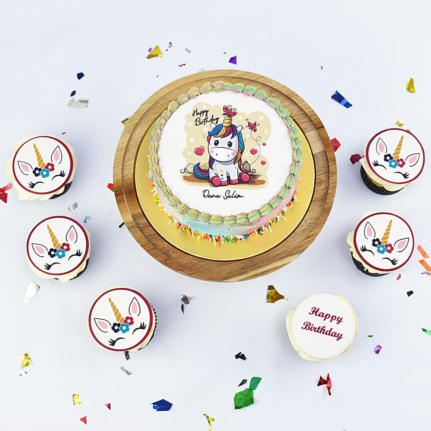 Happy Birthday Unicorn Cake with Cupcakes