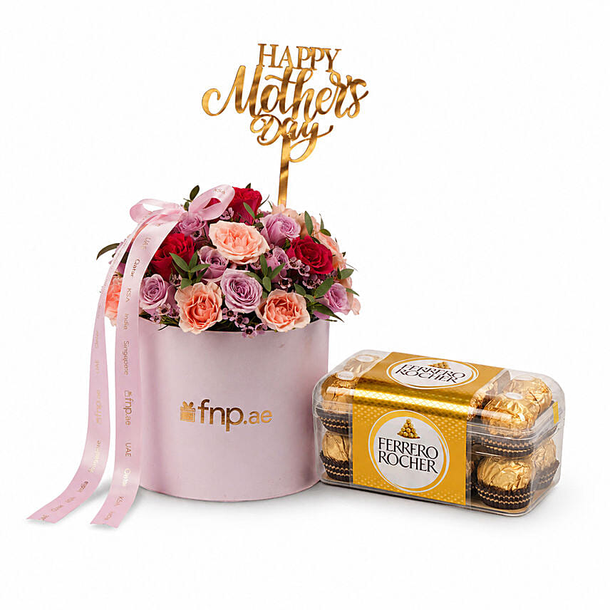 Happy Mothers Day Mixed Flower Box with Ferrero Rocher Chocolates