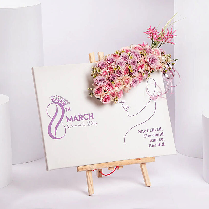 Happy Womens Day Canvas With Pink Roses