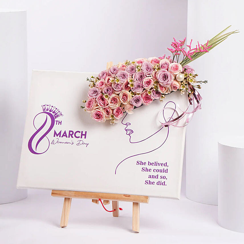 Happy Womens Day Canvas With Pink Roses