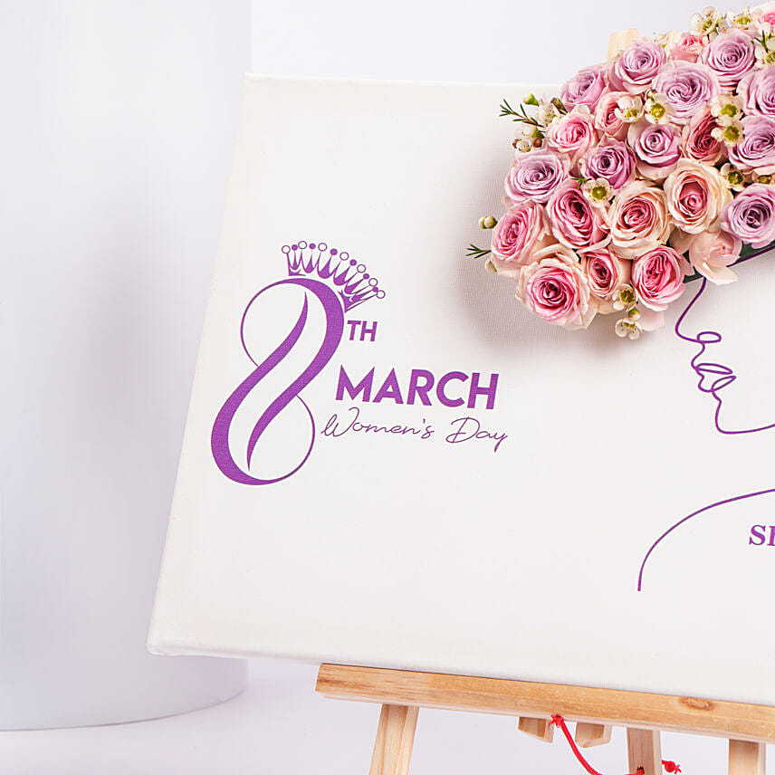 Happy Womens Day Canvas With Pink Roses
