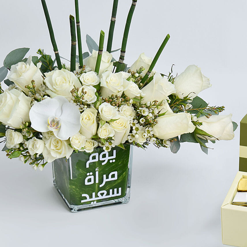 Happy Womens Day White Roses With Chocolates