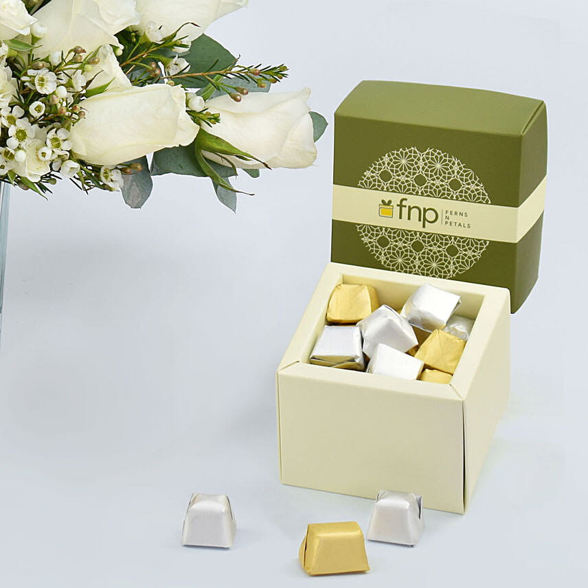 Happy Womens Day White Roses With Chocolates