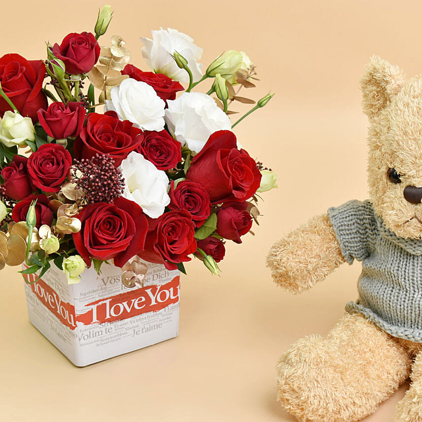 I Love You Flower in a Vase With Teddy