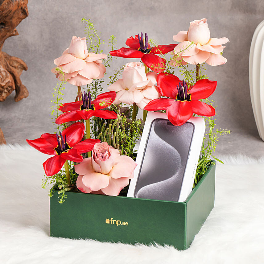 Iphone 15 Pro 128 GB Blue Titanium Gift with Flowers & Chocolates