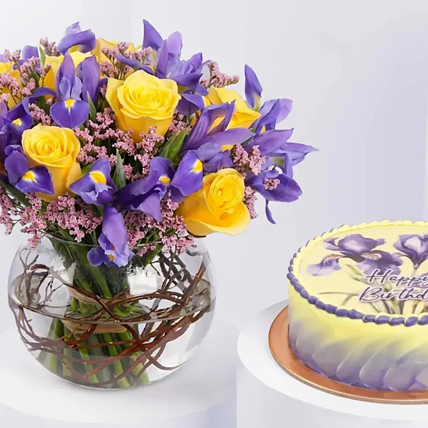 Iris Flower and Birthday Chocolate Cake