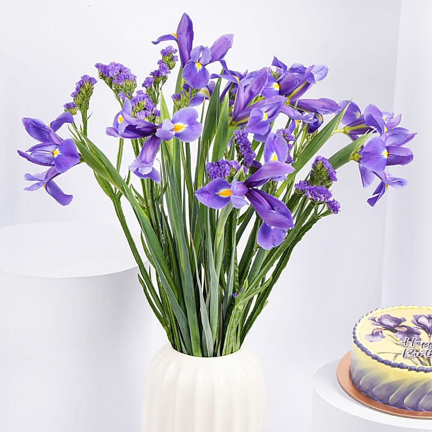 IRIS Flowers Arrangement in Premium Vase and Cake