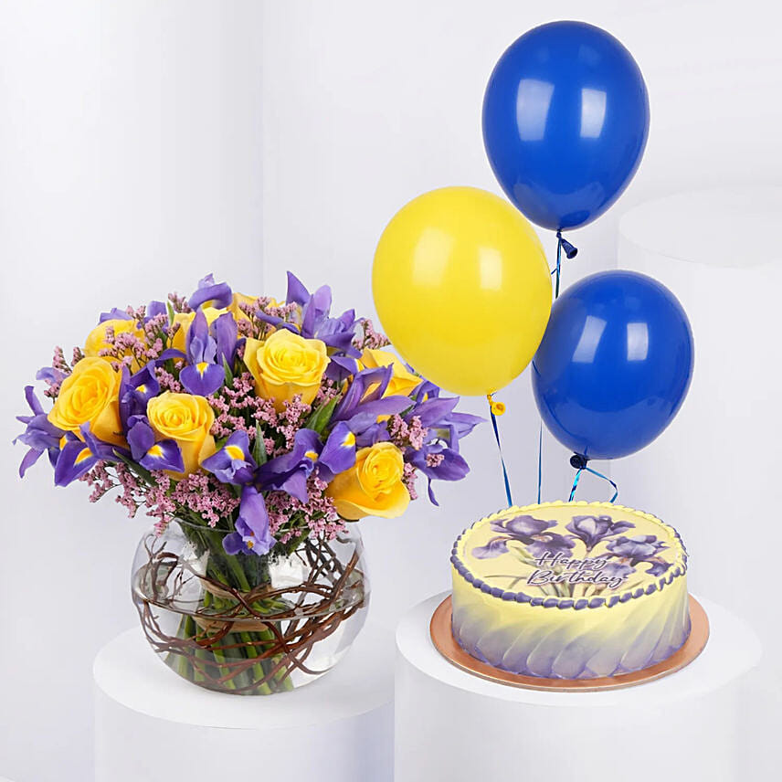 Iris Flowers with Birthday Cake with Balloons