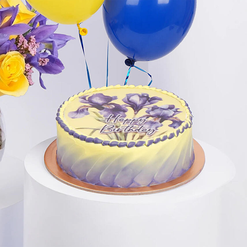 Iris Flowers with Birthday Cake with Balloons