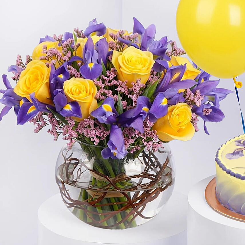 Iris Flowers with Birthday Cake with Balloons