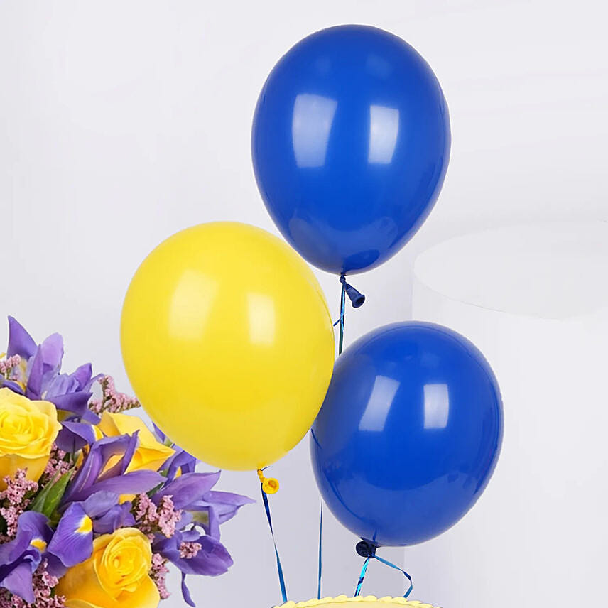 Iris Flowers with Birthday Cake with Balloons