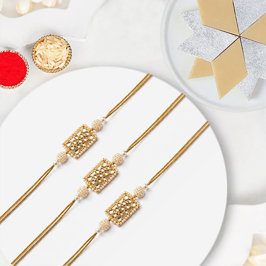 Kundan Pearl Rakhi Set Of 3 With Kaju Katli
