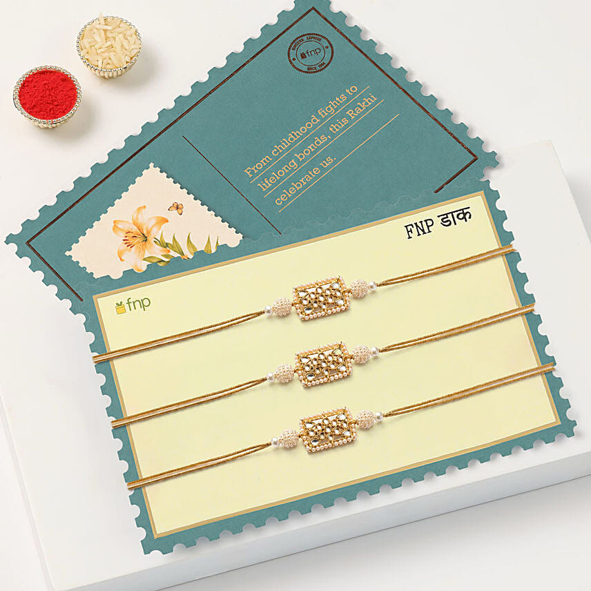 Kundan Pearl Rakhi Set Of 3 With Kaju Katli