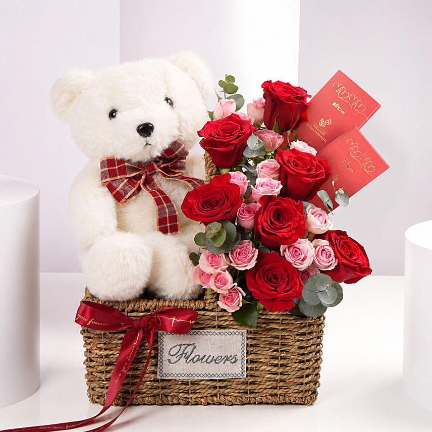 Love and Hugs Teddy Rose Basket
