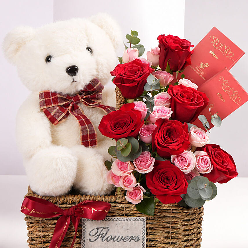 Love and Hugs Teddy Rose Basket