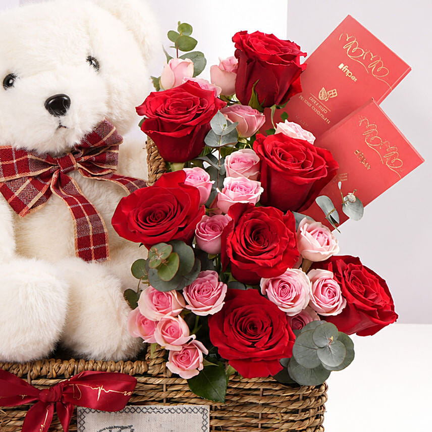 Love and Hugs Teddy Rose Basket