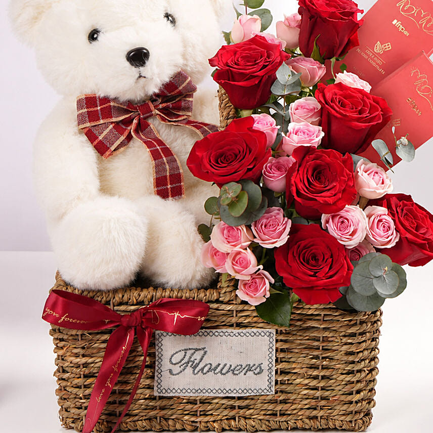 Love and Hugs Teddy Rose Basket