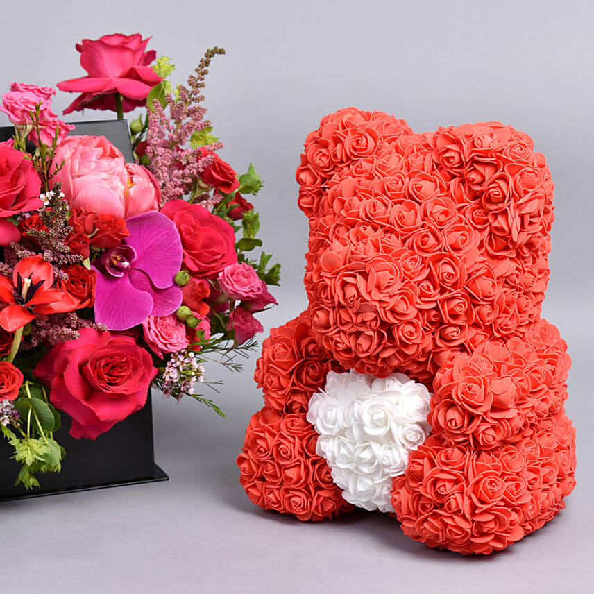 Love Flowers Box And Teddy