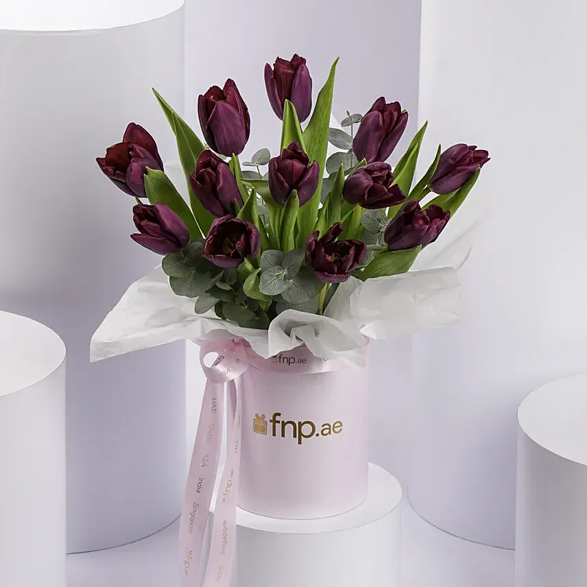 Luxury Purple Tulips In Pink Box