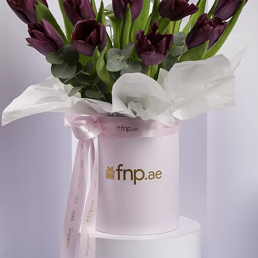 Luxury Purple Tulips In Pink Box