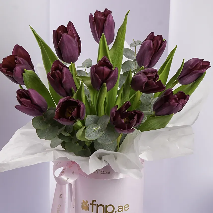 Luxury Purple Tulips In Pink Box
