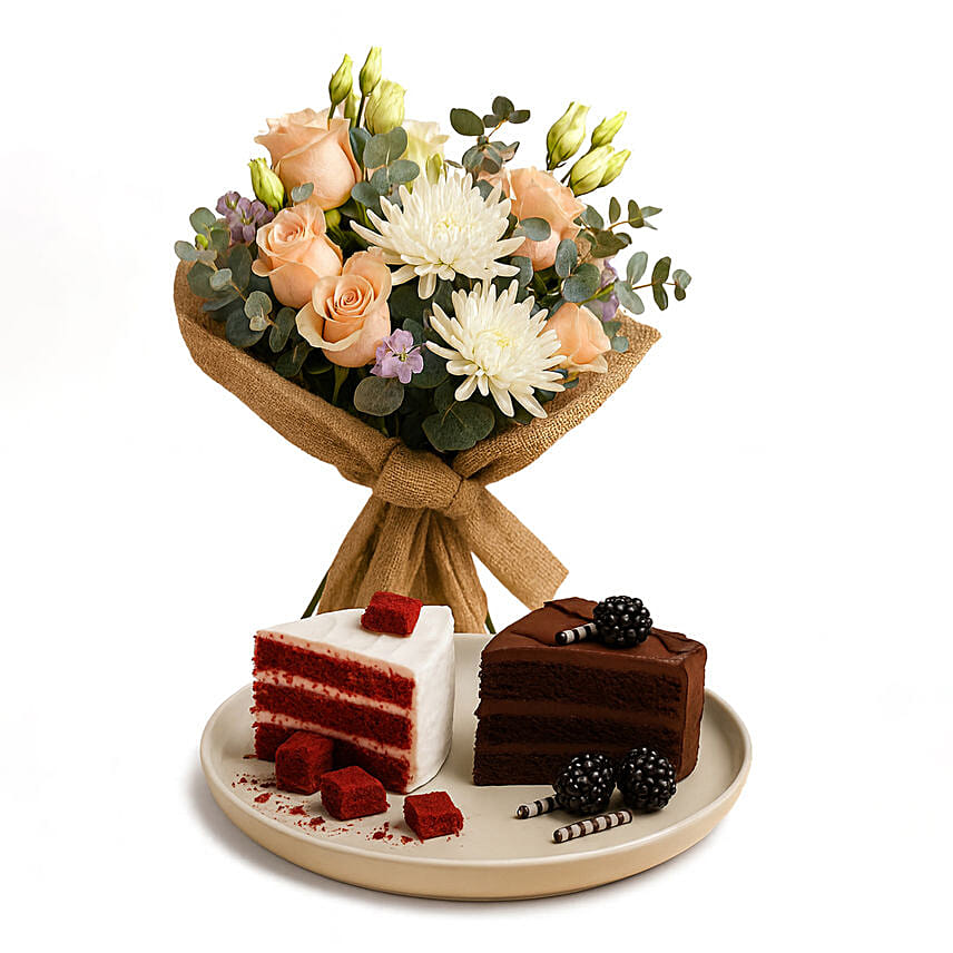 Mix Flowers Bouquet with Red Velvet And Truffle Slice Combo