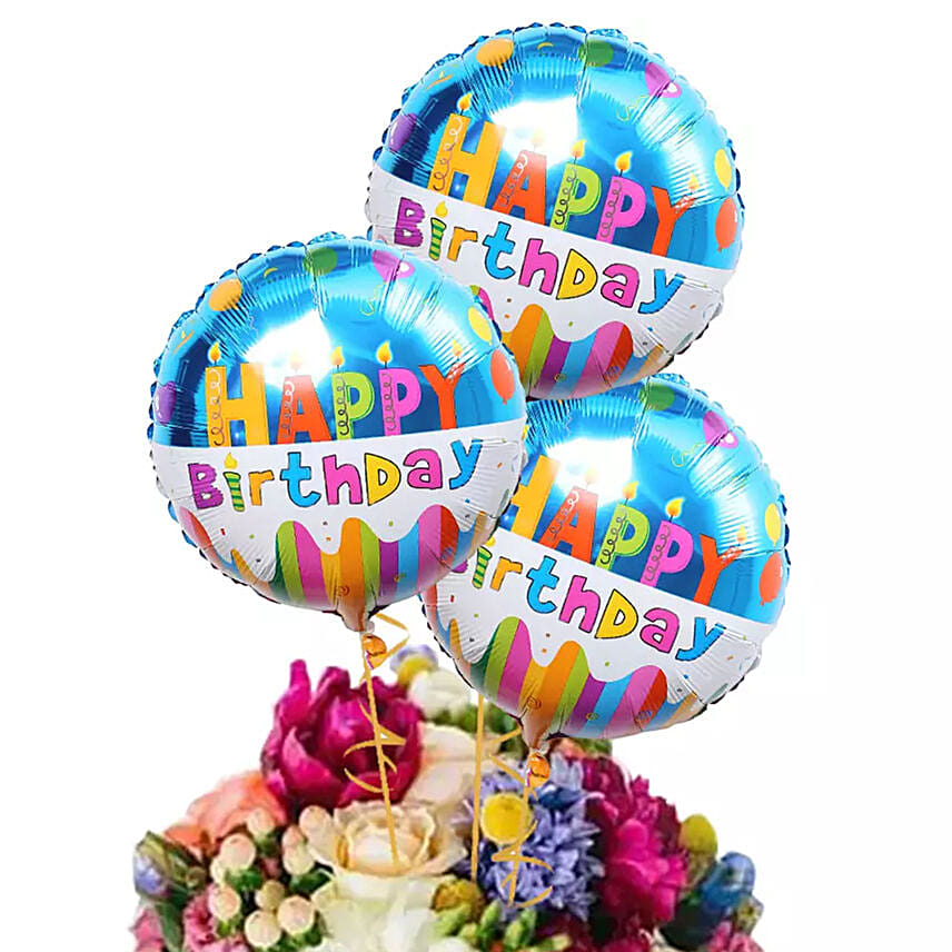 Mixed Flower Bunch With Birthday Balloons
