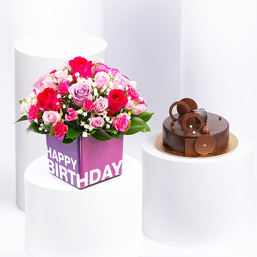 Mixed Flowers With Fudge Cake