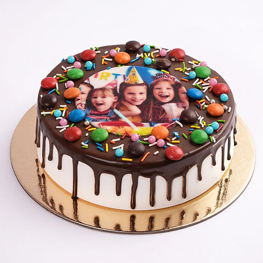 MNM Chocolate Birthday Photo Cake With Purple Flowers