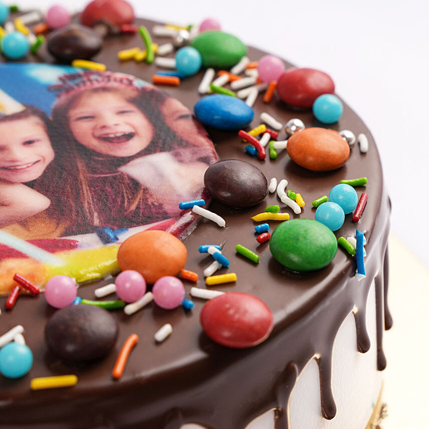 MNM Chocolate Birthday Photo Cake With Purple Flowers