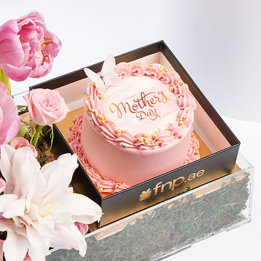 Mothers Day Mono Cake And Premium Flowers