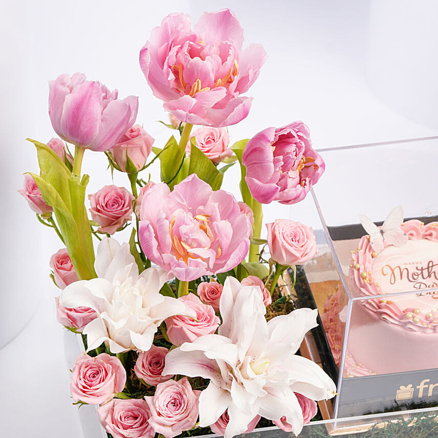 Mothers Day Mono Cake And Premium Flowers