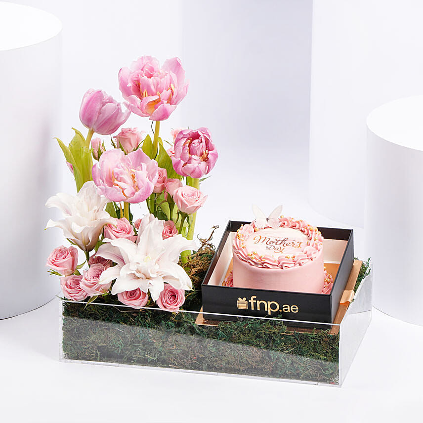 Mothers Day Mono Cake And Premium Flowers