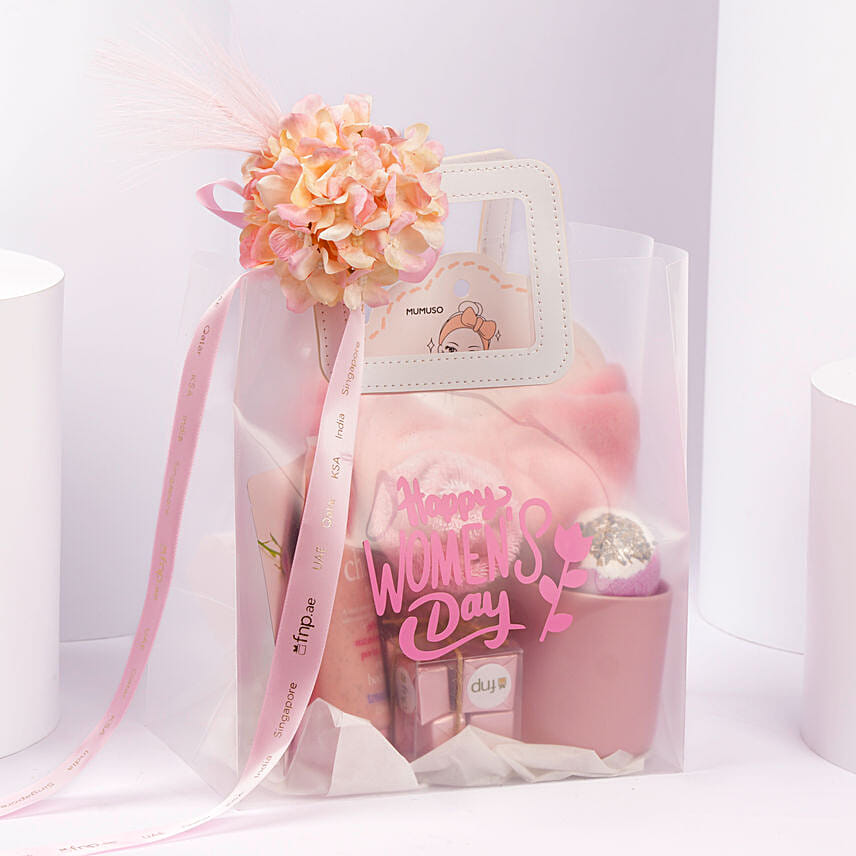 Womens Day Pink Gift Bag With Floral Accent