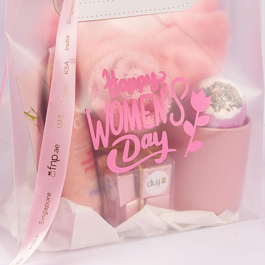Womens Day Pink Gift Bag With Floral Accent
