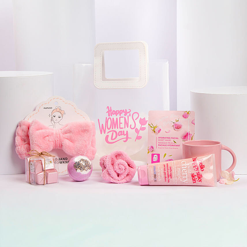 Womens Day Pink Gift Bag With Floral Accent