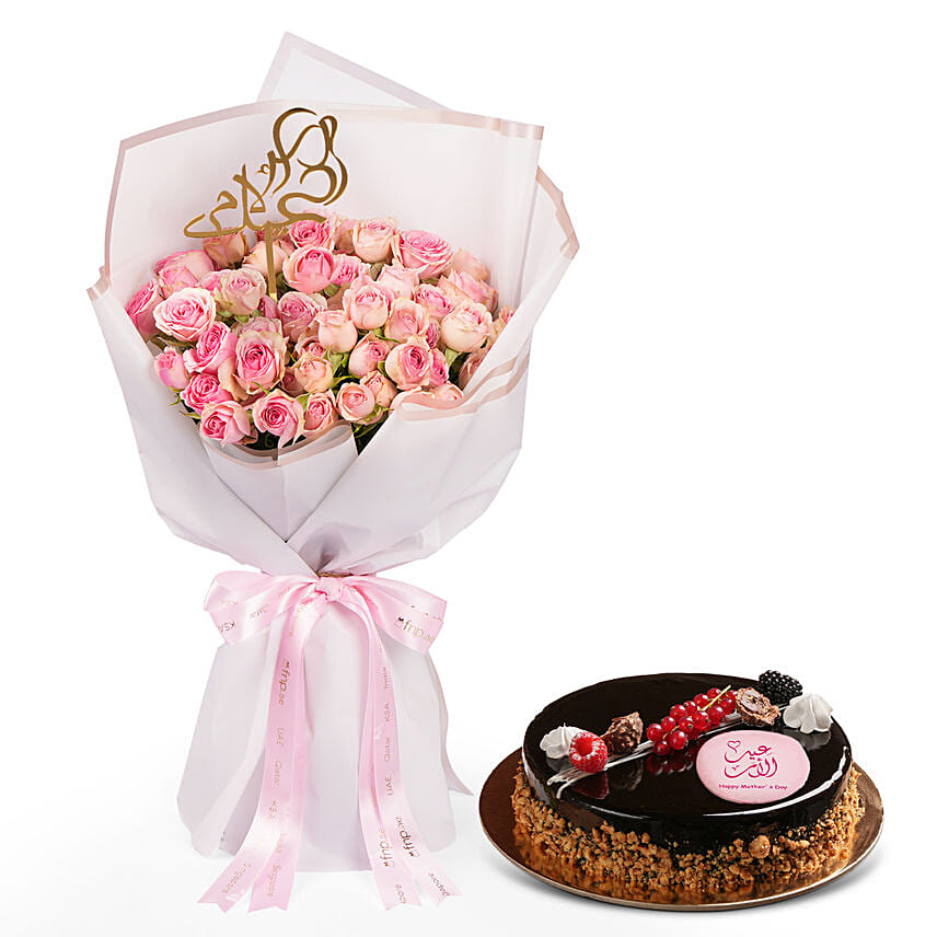 Mothers Day Pink Spray Rose Bouqet with Hazelnut Cake