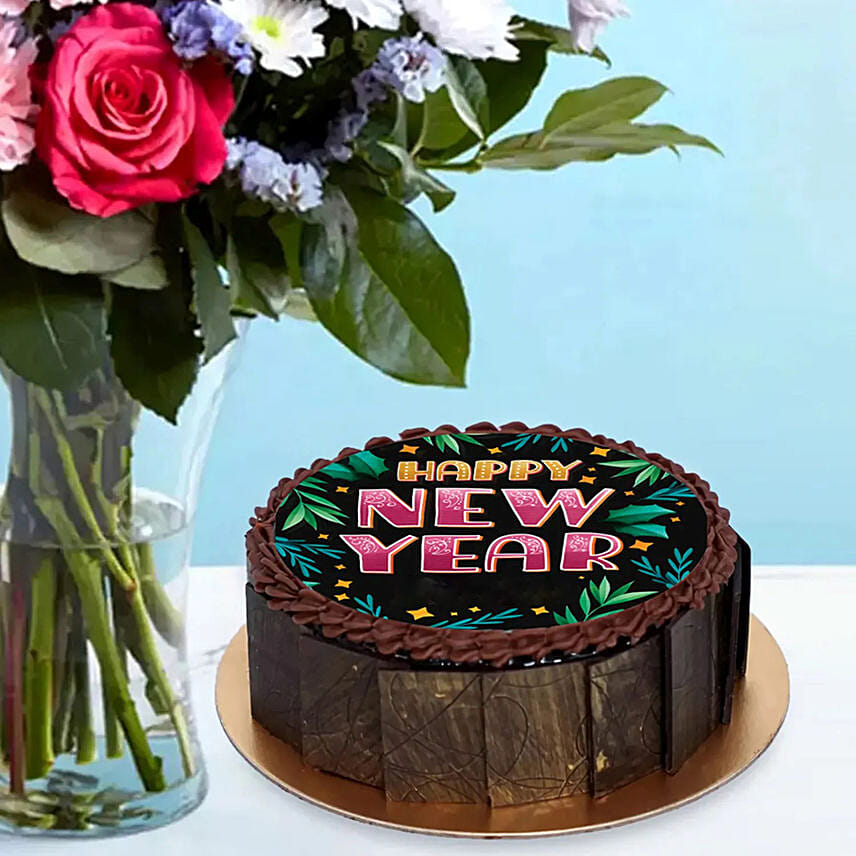 New Year Cake and Colorful Flowers