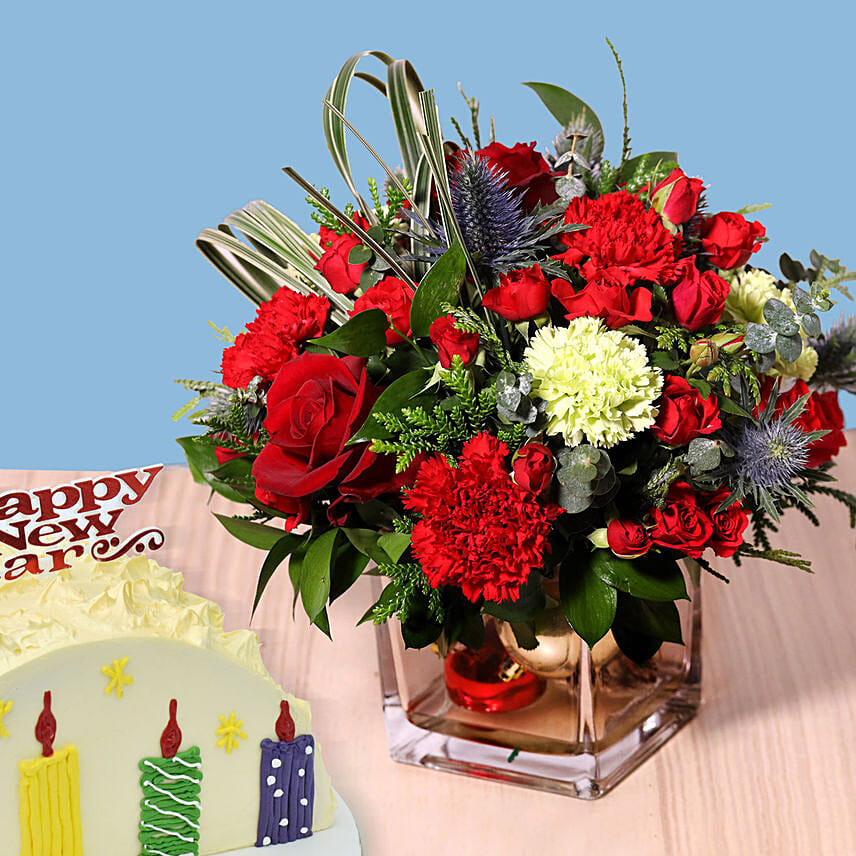 New year Flowers and Cake Combo