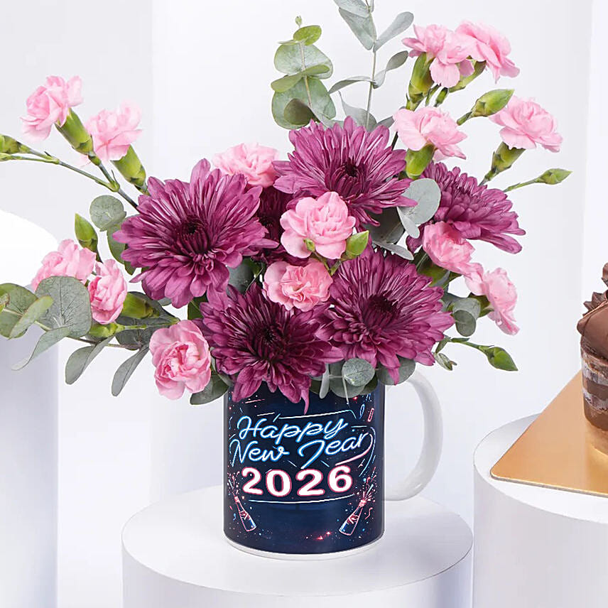 New Year Flowers Mug And Mono Cake