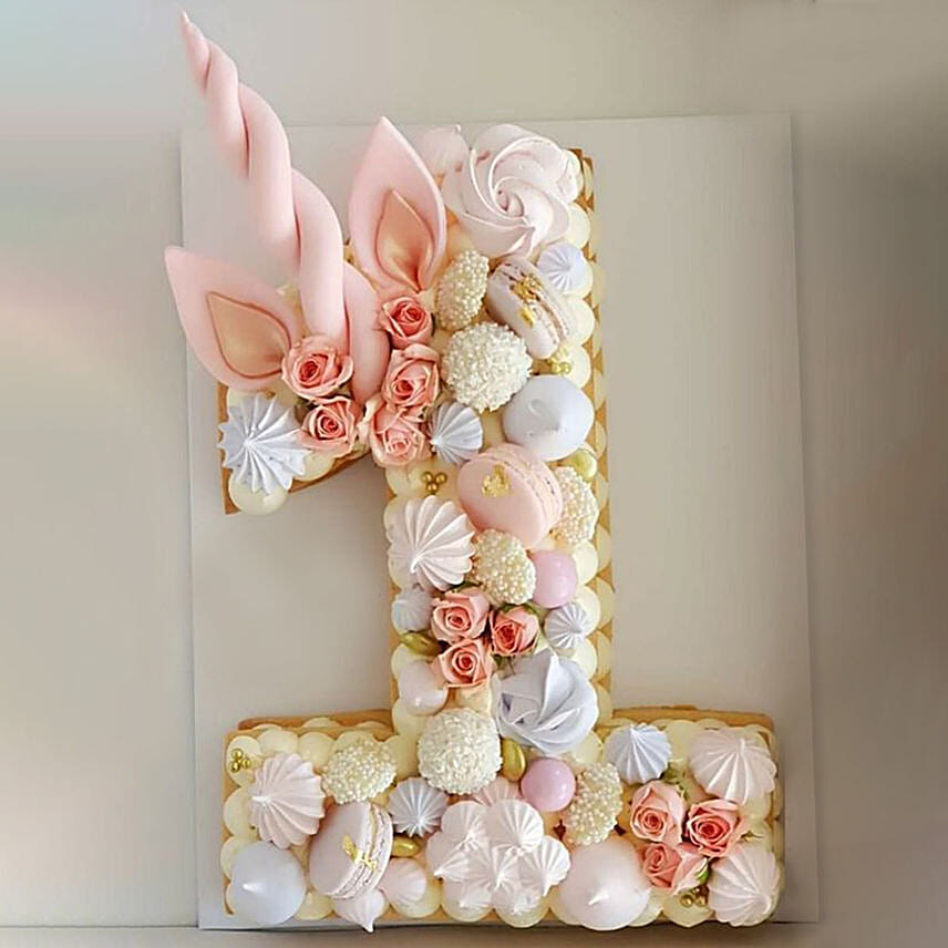 Number 1 Macarons Artificial Flowers Chocolate Cake