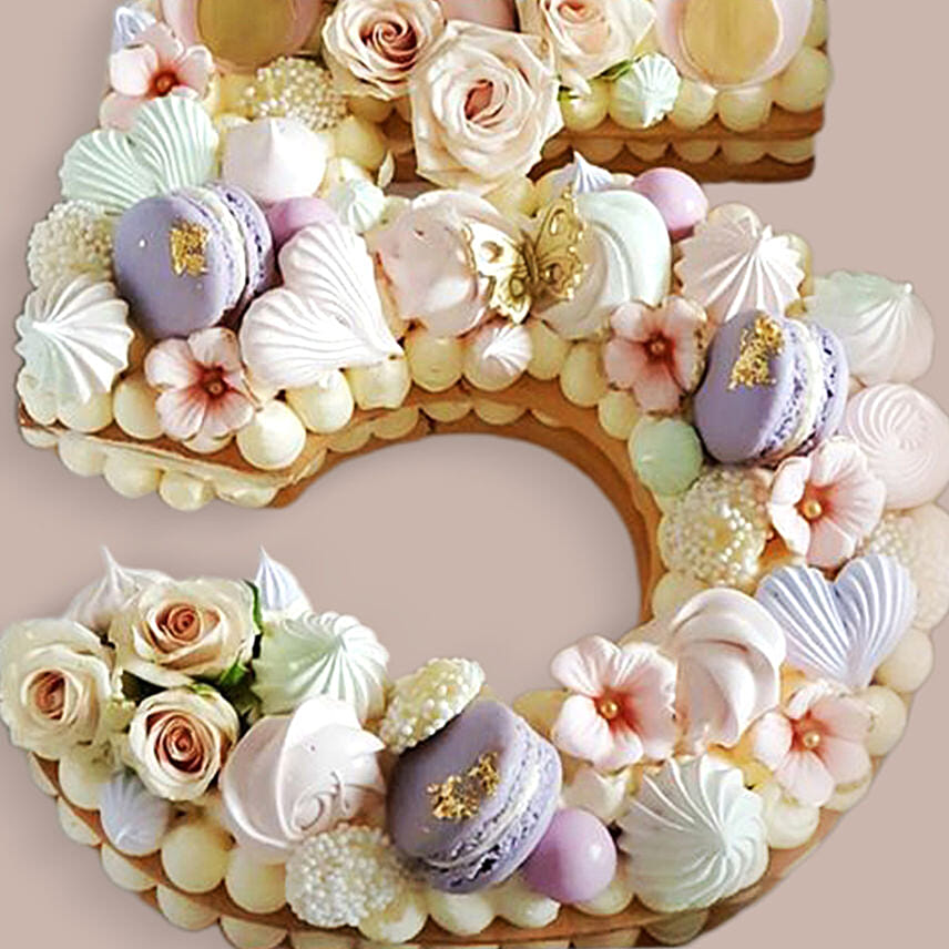 Number 5 Macarons Artificial Flowers Vanilla Cake