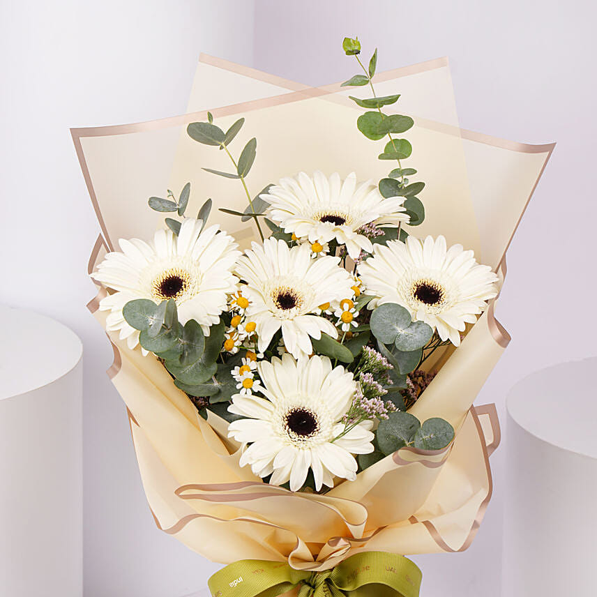 Peaceful White Gerberas Beautifully Tied Bouquet Standard