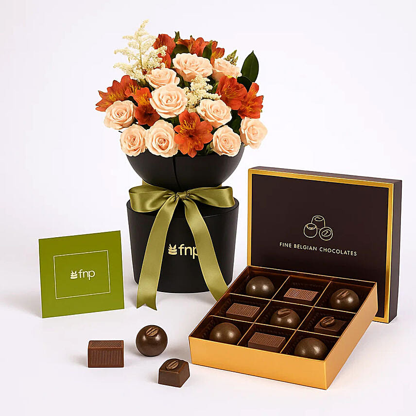 Peach And Lisianthus Flower with Crunch Chocolate Combo